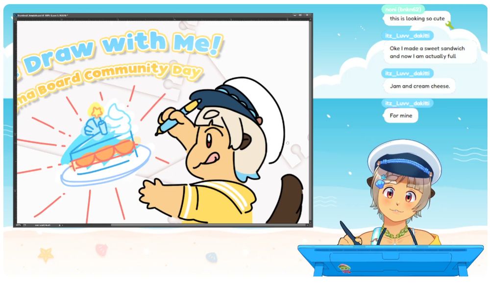 Screencap from Calico's recent Coworking Stream. Calico is drawing a thumbnail to use for her upcoming Magma Board Community Day Drawing stream.