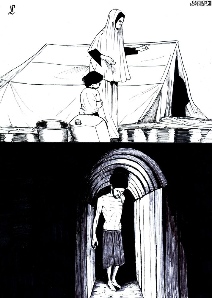 Cartoon showing a desperate mother and child in a tent camp in Gaza, while below the ground a desperate hostage stands in a tunnel.