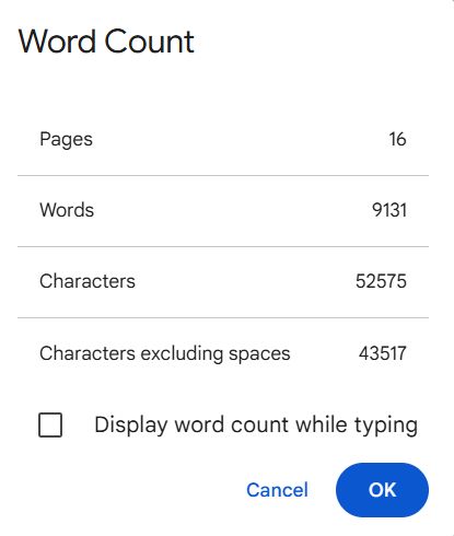 A screenshot of a Google Docs word count, containing the following stats:

"Pages: 16
Words: 9131
Characters: 52575
Characters excluding spaces: 43517"

Then a un-checkmarked checkmark box at the bottom with the words "Display word count while typing", and then below that on the bottom right the "Cancel" and "Ok" button.