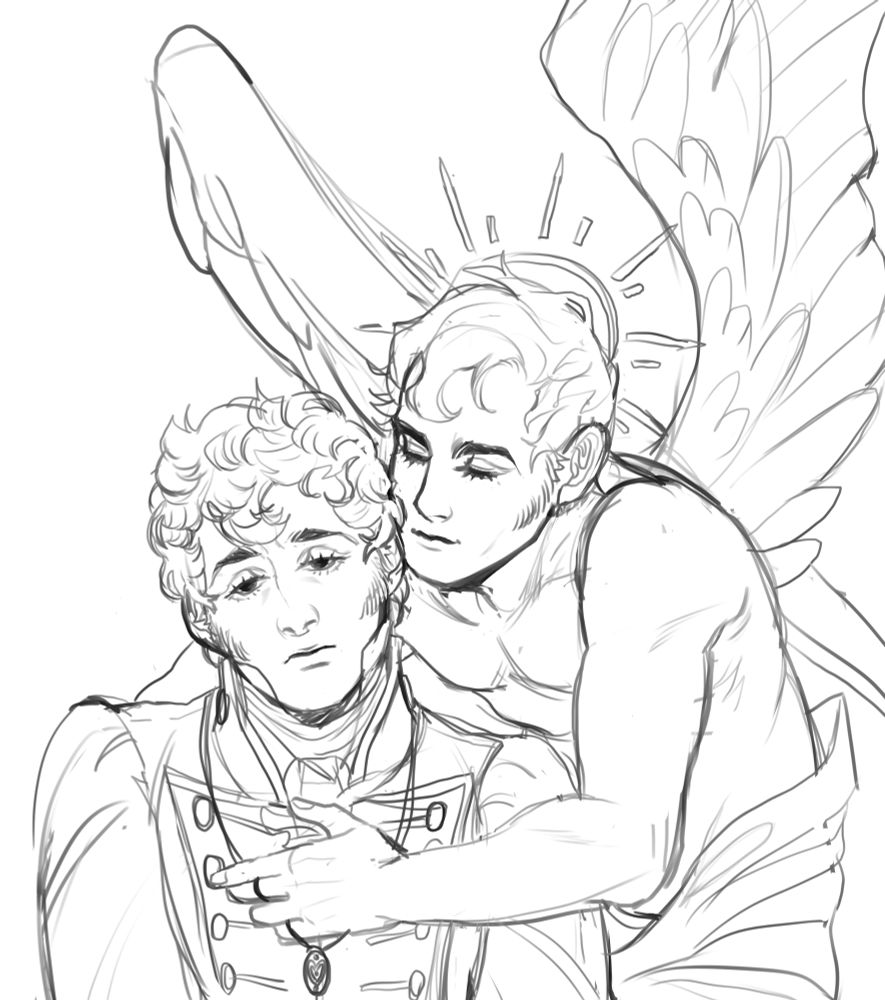 One is a very depressed curly haired man wearing a naval lieutenant uniform with a locket and the other is a man with wings draped over him with one hand intertwined with the Locket 