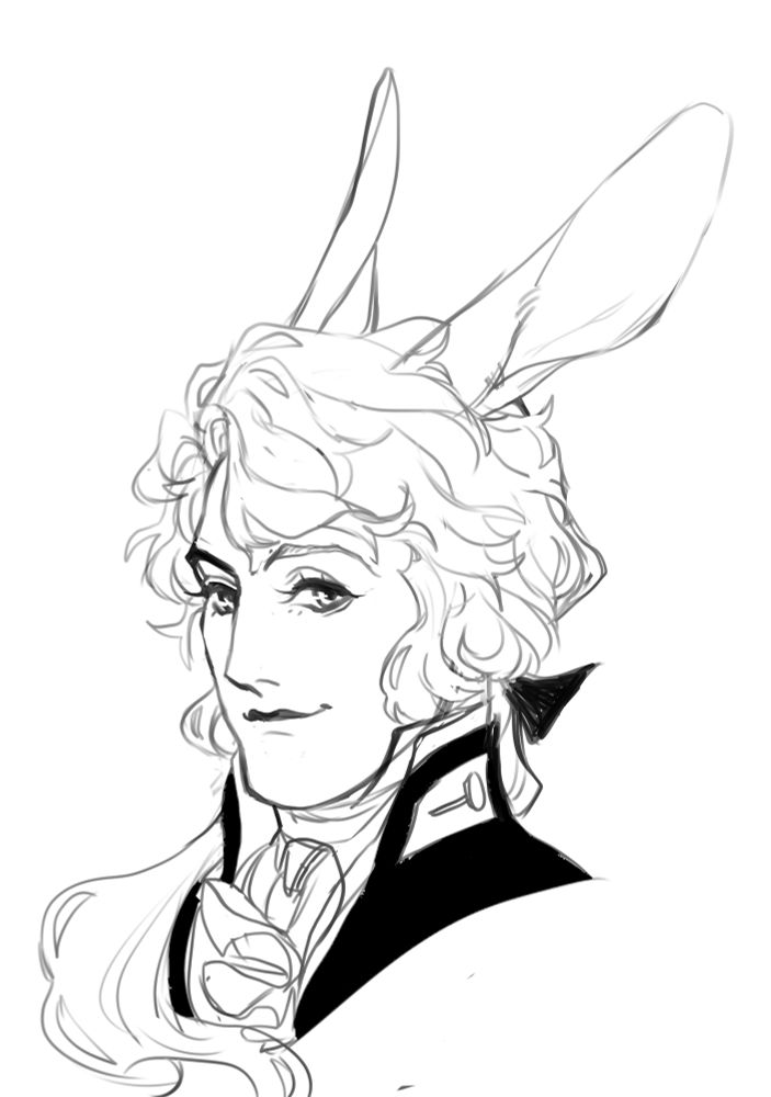 My oc James Laurie a man with hair tied in a side ponytail with big bunny ears. He has a little smirk 