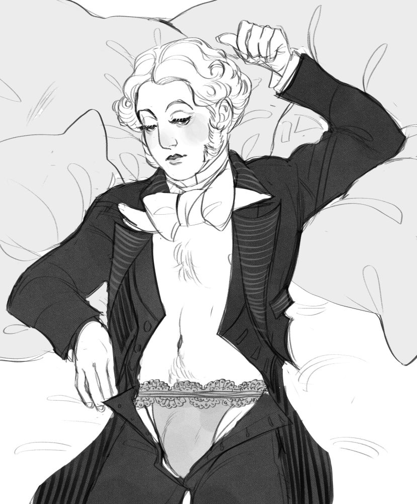 Second Sparrow 'Fwank' laying seductively in a mound of pillows. His tailcoat and waistcoat and pants are open revealing Victoria's Secret? underwear. He has light wavy hair. 