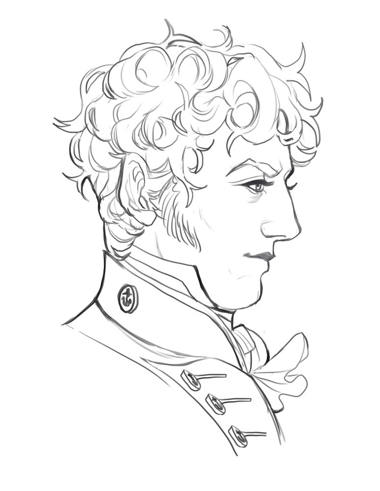 A dashing handsome man with curly short hair at side profile. Hes wearing a lieutenant uniform of the royal navy