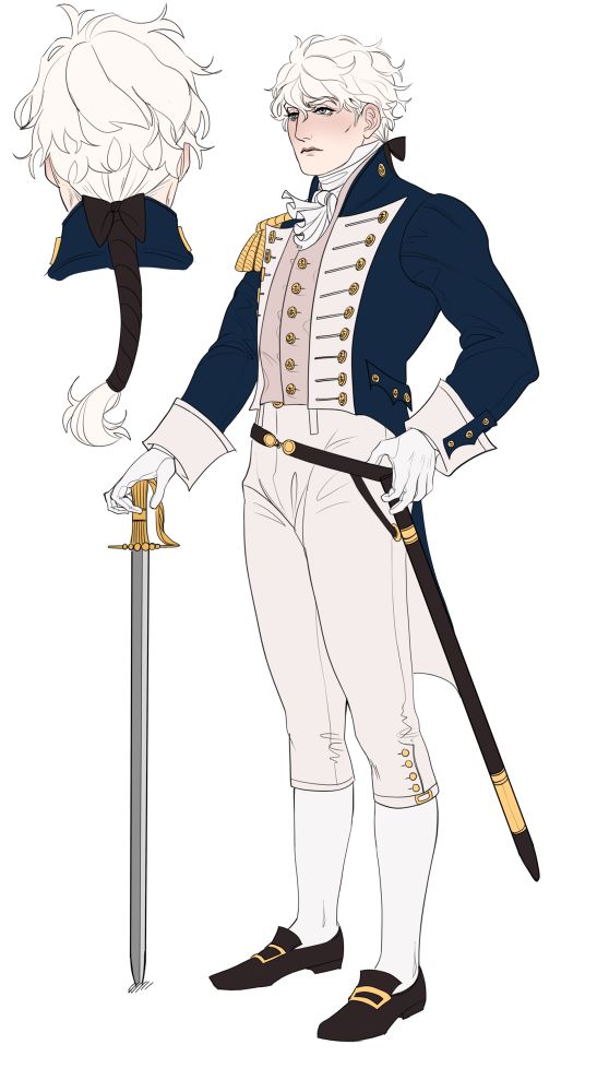 A platinum blonde haired man with pale yet sunburnt skin in an 1812 naval lieutenant uniform comprised of a blue coat with white lapels and brass buttons with a tan waistcoat and white stand up collar shirt. He has white gloves and is holding a sword pointed down at the ground.