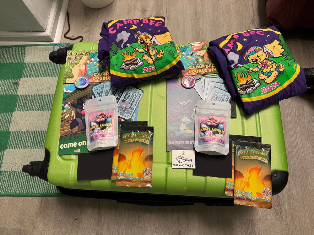 Two sets of various items from bfc2025, like a shirt, postcard, trading post tickets, and Little Troubles packs