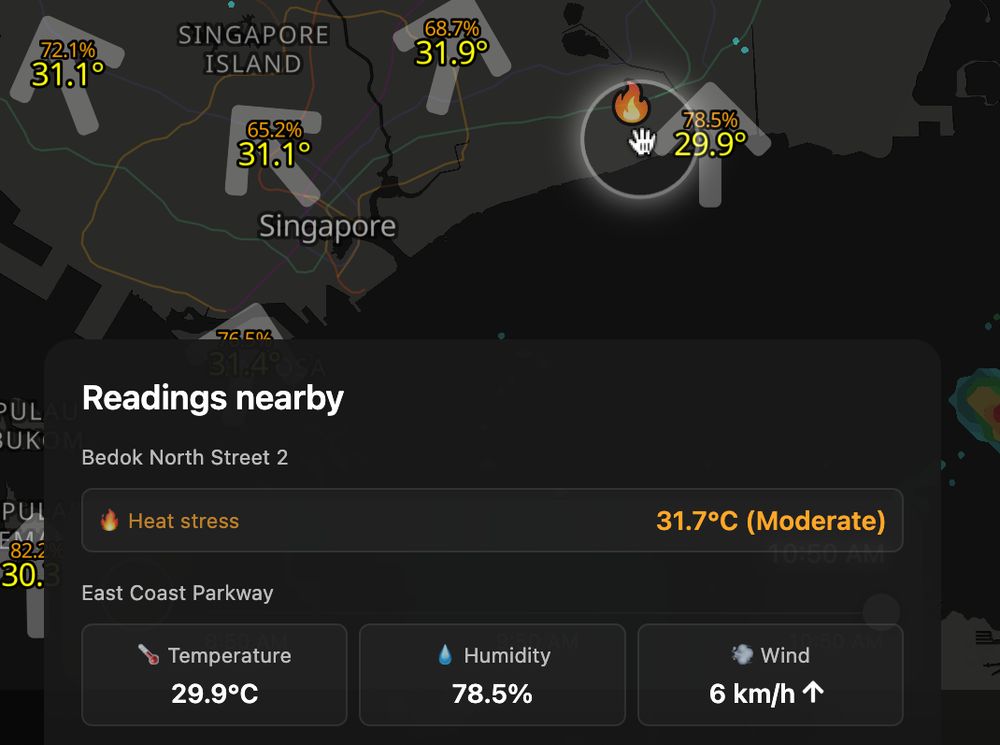 Map showing weather readings near Bedok North Street 2, highlighting heat stress with a moderate level of 31.7°C. Another reading near East Coast Parkway showing temperature at 29.9°C, humidity at 78.5%, and wind speed of 6 km/h.