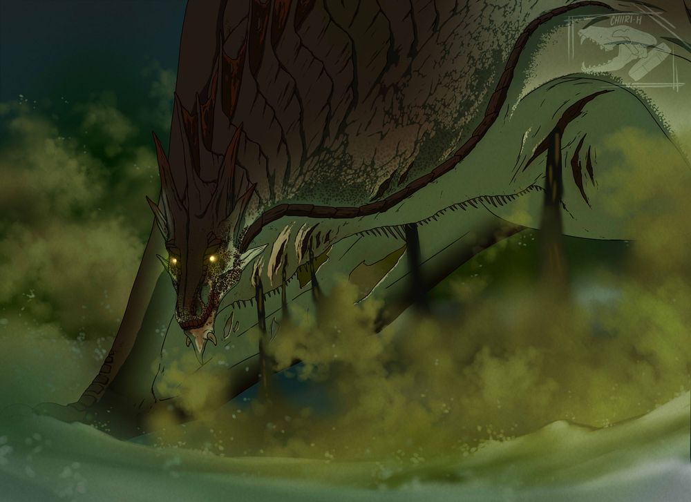 A large zombie dragon looming in the dark with clouds of dark green haze spilling from his wounds.
