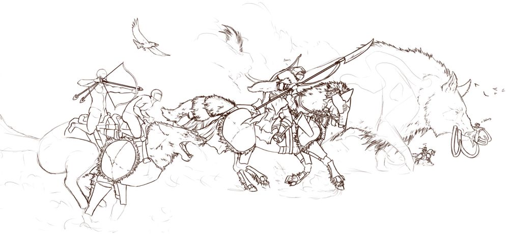 Amos riding a horse disguised as a war wolf, beside a wolf rider with an additional archer. In the background is a massive boar with a figure labeled 'Soliairs' riding on its tusks, and another horseman labelled 'Selene'
