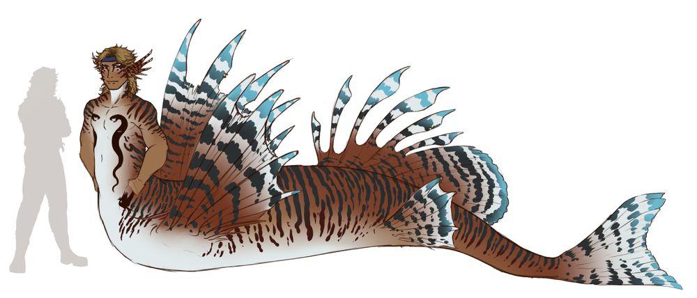 A massive half naga/half mer based on a lionfish. he has dirty blond hair and tattoos down his chest- two mirrored snakes and a crane on his hip