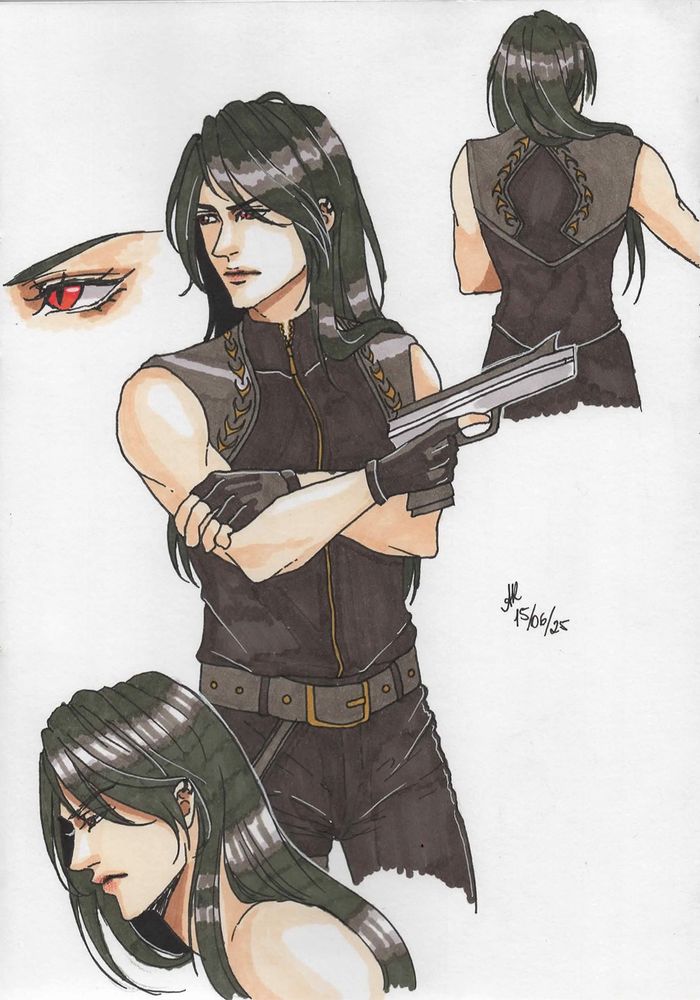 Male vampire character with long, black hair, a sleeveless black leather vest and pants, holding a silver gun.