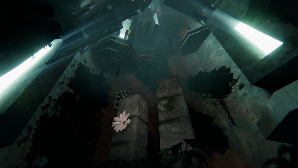 Screenshot of BETON BRUTAL. A upwards view of a brutalist structure, with overgrowth, and random jutting out segments of metal and concrete, waiting to be climbed.