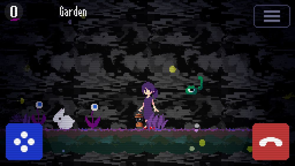 Strange Telephone. A purple haired and purple dress wearing girl stands in a field of purple, holding an orange lantern. behind her is a floating green telephone, with its handset off the hook, and an eye in the center. in front of her is a white rabbit, and 2 flower-like plants with eyeballs instead of a main flower body. The background is tiled glitchy static.
