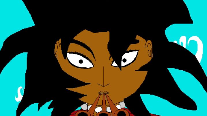 Cape Hideous. a woman with long black hair flowing in the wind is wearing a pearl necklace, and has 3 pipes in her mouth, behind her is a blue sky.