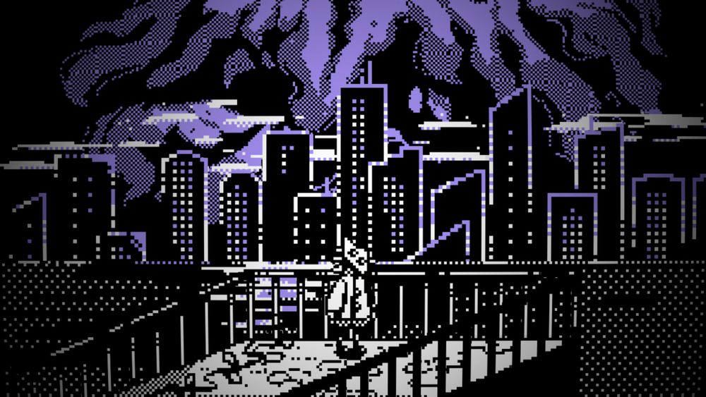 You Will (Not) Remain. Pixel art, white black and purple. A figure with a strange mask with offset eyes stands on a rooftop, looking out over a bay at the city skyline. purple miasma seems to be either raising into the sky, or descending down.