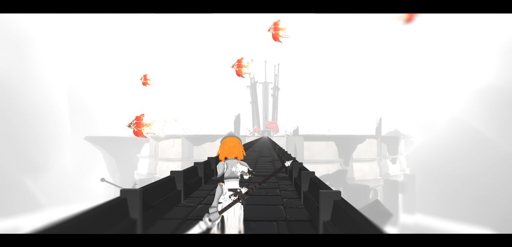 Screenshot of Arabel. A female knight in a monochrome environment looks out to the distance, at a cluster of giant swords stabbed into a structure ahead. A long bridge stands between her and it.