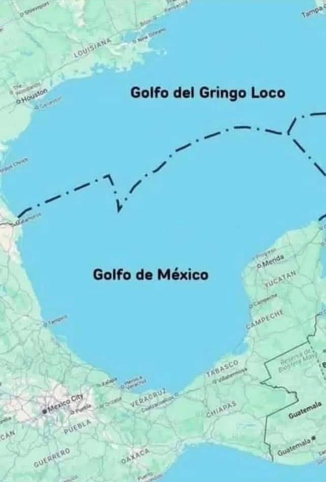 A map of the Gulf of Mexico. There's a boundary line halfway through it. The top part near the US says, “Golfo del Gringo Loco,” and the bottom part near Mexico says, “Golfo de Mexico.”