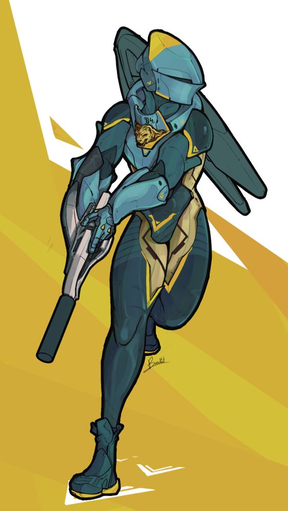 A simply rendered suit of Concordat armor in teals and yellow, with a graphic diagonal yellow striped background. The armor operator moves midstep, with a pistol in hand and a rifle slung on his back. 