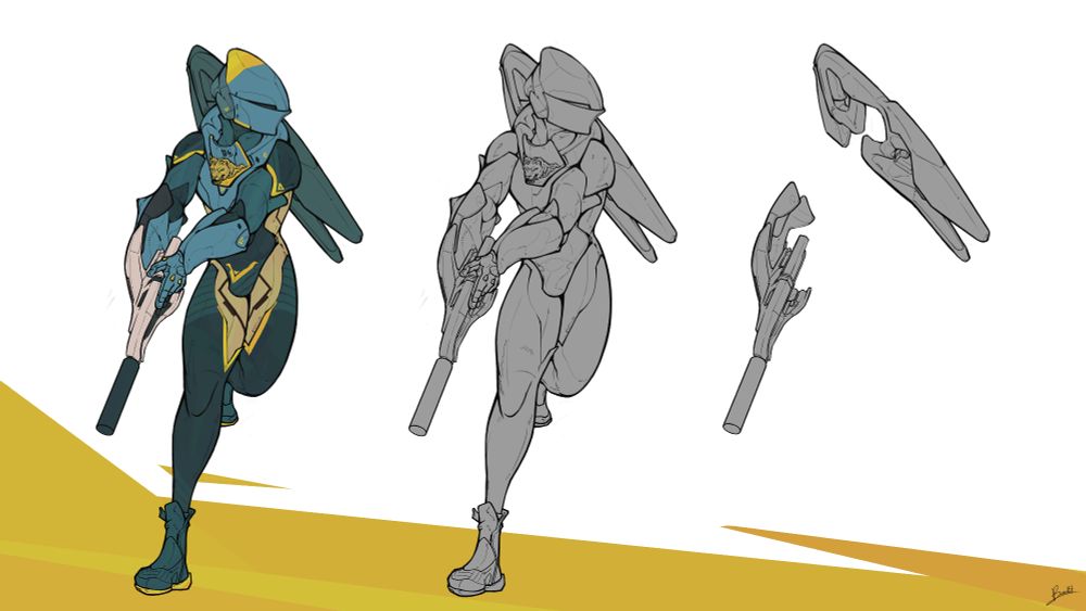 A breakdown of Concordat armor in flat base colors, grey fill with line work, and isolated weapons. 