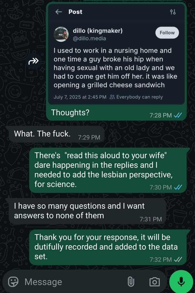 Screenshot of Nori's WhatsApp messages with their wife. 
Transcript:
Nori: (Photo of dillo's grilled cheese skeet) Thoughts? 
Wife: What. The fuck. 
Nori: there's a "read this aloud to your wife" dare happening in the replies and I needed to add the lesbian perspective, for science. 
Wife: I have so many questions and I want answers to none of them. 
Nori: thank you for your response, it will be dutifully recorded and added to the data set. 
