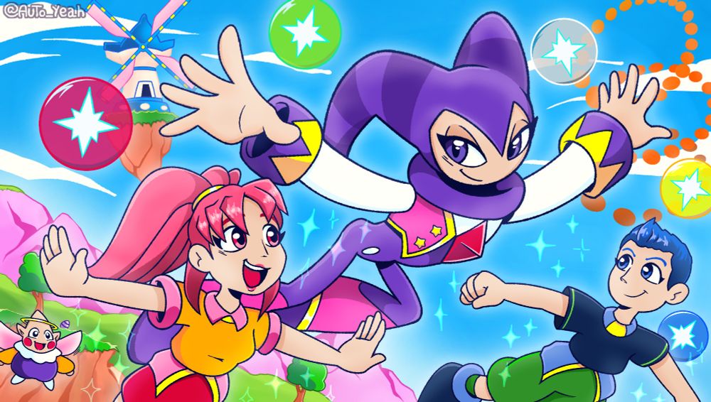 A fanart of the game NiGHTS Into Dreams depicting the characters NiGHTS, Claris and Elliot flying across Spring Valley.
