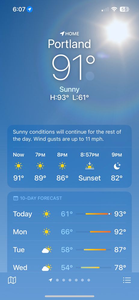Screenshot from the Apple weather app showing a temperature of 91°F outside. 