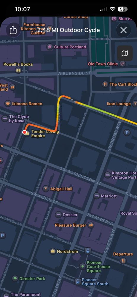 Screenshot from the Apple Fitness app showing a sudden drop in speed on a map of a bike ride.