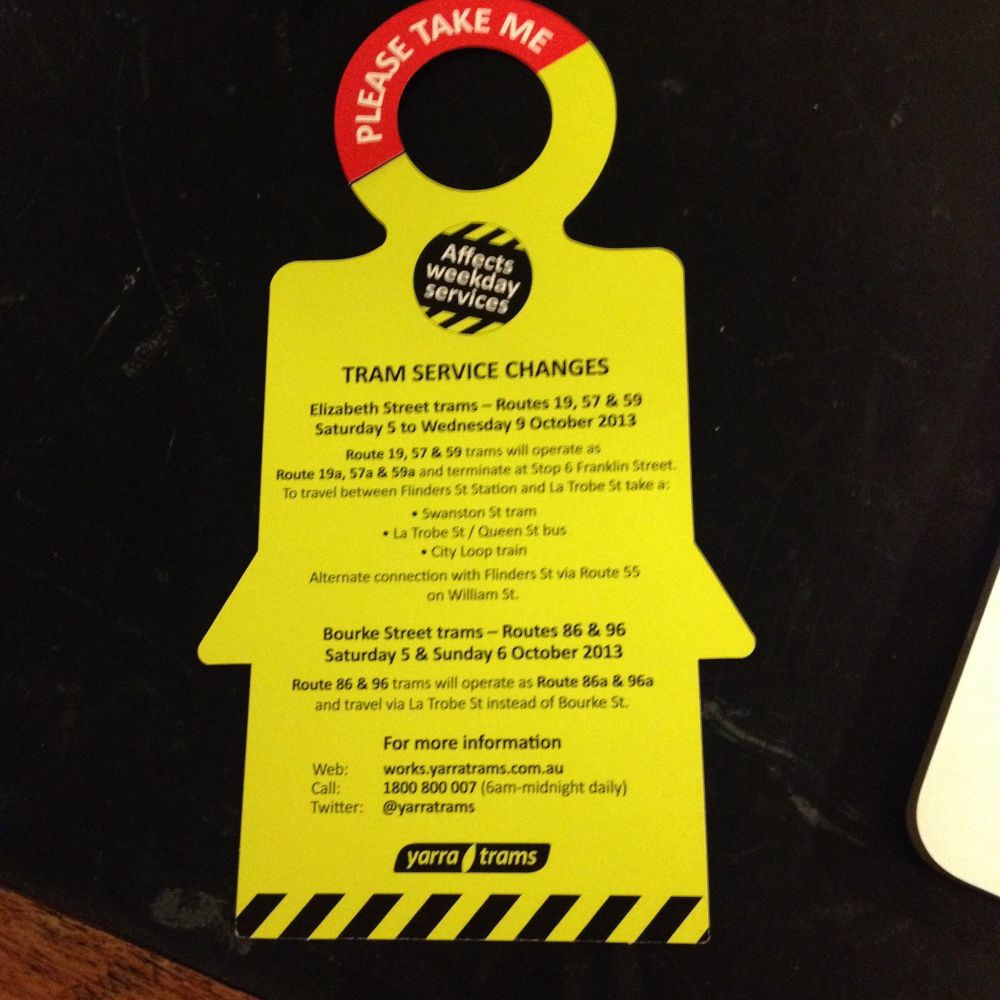 Photo of a service alert on Yarra Trams from 2013 detailing a temporary reroute in the CBD.