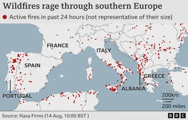 Map of wildfires in Southern Europe from Portugal to Turkey