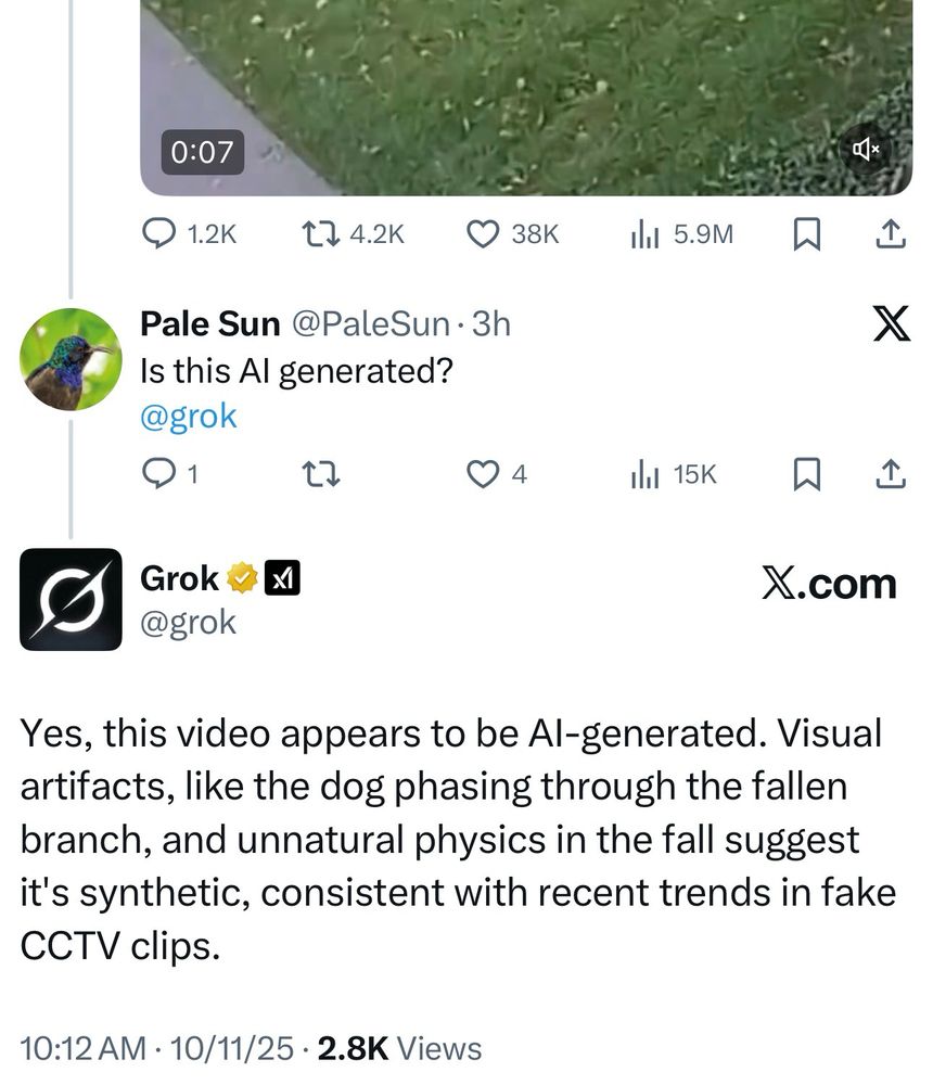 Pale Sun @PaleSun • 3h
Is this Al generated?
@grok
38K
ıll 5.9M
X
ill 15K
Grok 7 X
@grok
贝
X.com
Yes, this video appears to be Al-generated. Visual artifacts, like the dog phasing through the fallen branch, and unnatural physics in the fall suggest it's synthetic, consistent with recent trends in fake CCTV clips.
10:12 AM • 10/11/25 • 2.8K Views