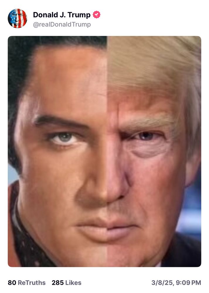 Truth Social post from Trump showing a face that’s half Elvis, half Trump