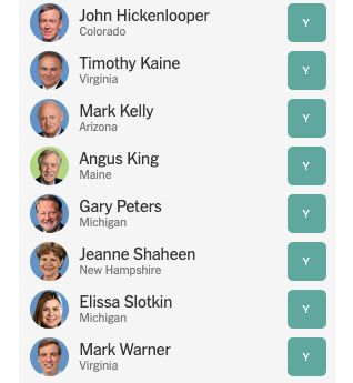 John Hickenlooper
Colorado

Timothy Kaine
Virginia

Mark Kelly
Arizona

Angus King
Maine

Gary Peters
Michigan

Jeanne Shaheen
New Hampshire

Elissa Slotkin
Michigan

Mark Warner
Virginia