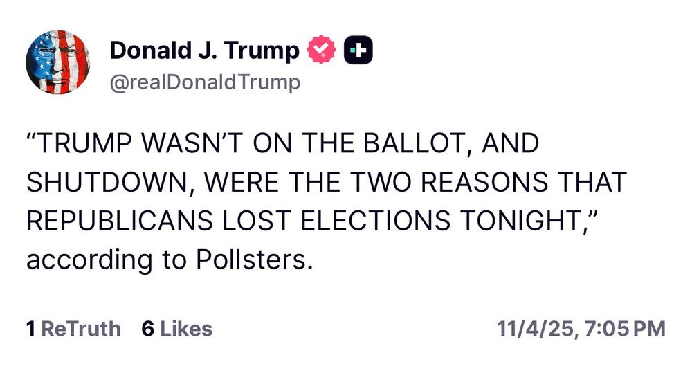 Trump: "TRUMP WASN'T ON THE BALLOT, AND SHUTDOWN, WERE THE TWO REASONS THAT REPUBLICANS LOST ELECTIONS TONIGHT," according to Pollsters.
1 ReTruth 6 Likes
11/4/25, 7:05 PM