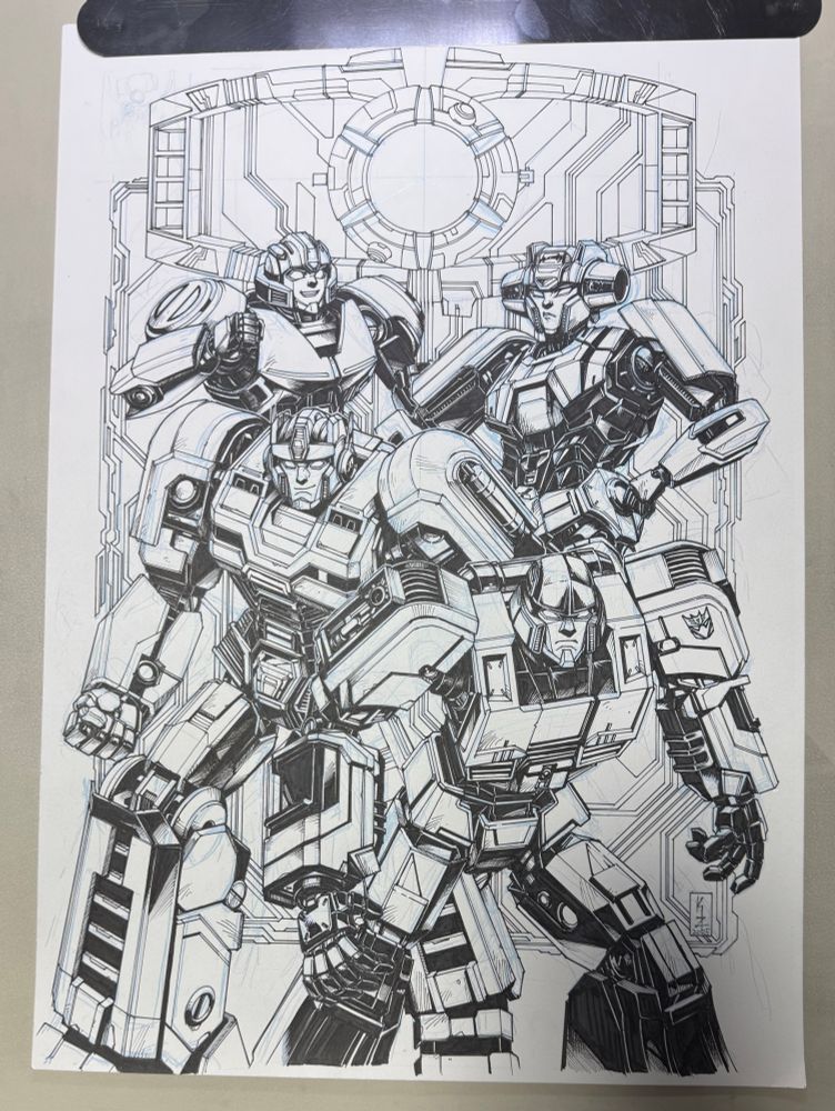 ink art of transformer one, top left to bottom right, there are b-127, Elita, Orion pax and D-16. On the back ground there is a big matrix of leadership on the top and motherboard-ish pattern behind the characters