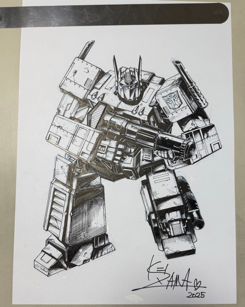 G1 Optimus Prime art, black inks on white paper   Kneeling his left leg and holding big gun.