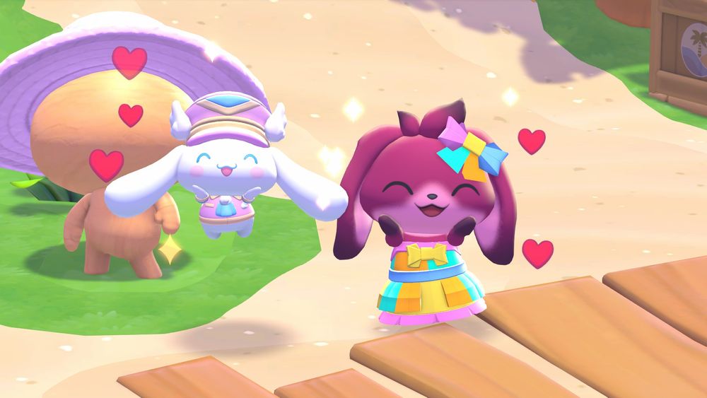 Hello Kitty Island Adventure screenshot withfeat Cinnamoroll & my custom character who is a pink bunny with long floppy ears. Cinnamoroll wears a pink postal outfit whilst I am wearing a multicoloured pastel dress made out of paper.