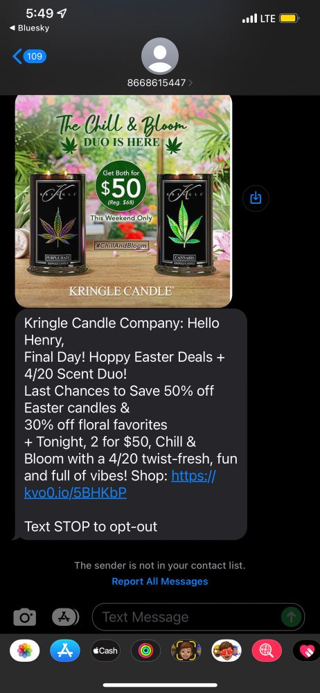 Text message from Kringle Candle with an image of two candles with cannabis leaves on them.