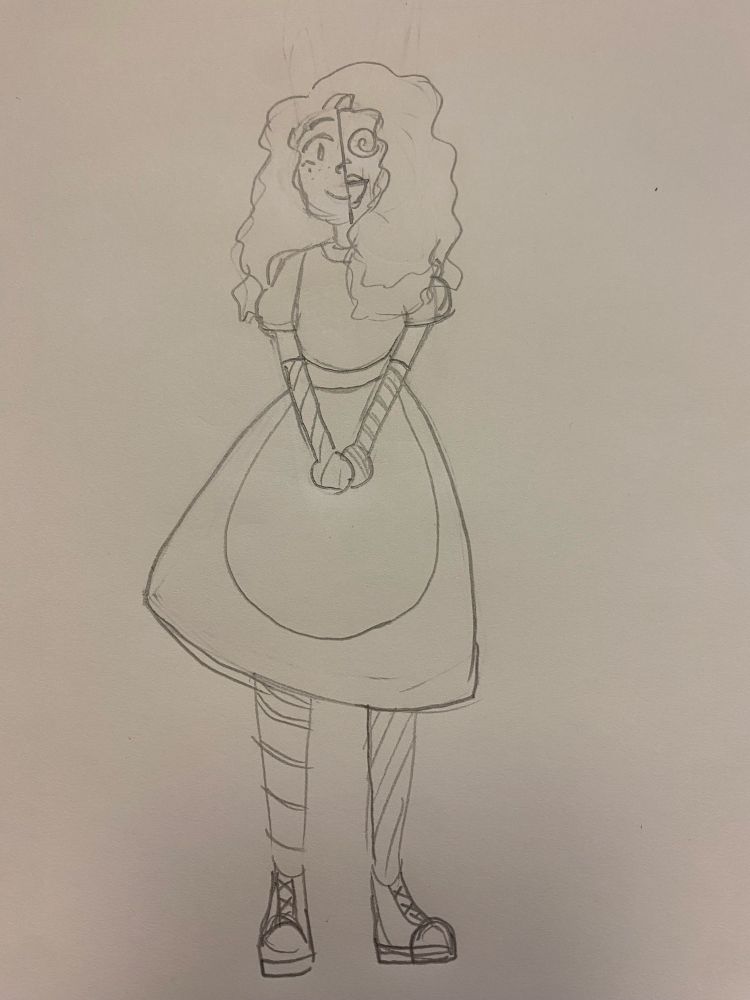 oc design for miss bliss, featuring a cute dress with apron and stockings with matching full length gloves. miss bliss has long curly hair and is wearing a half mask with a smile with lips and a spiral eye. 