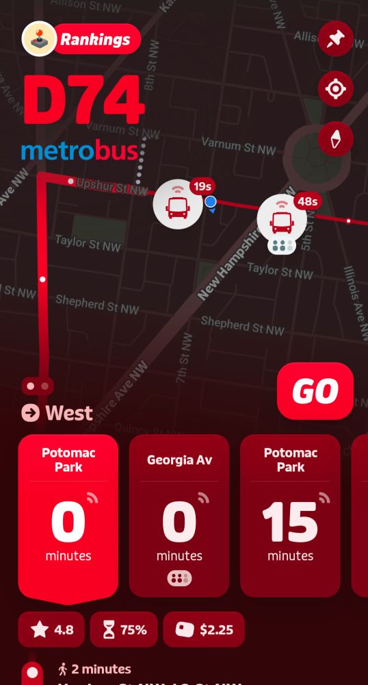 Bus eta showing two buses back to back.