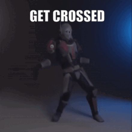 a robot is dancing with the words get crossed above him