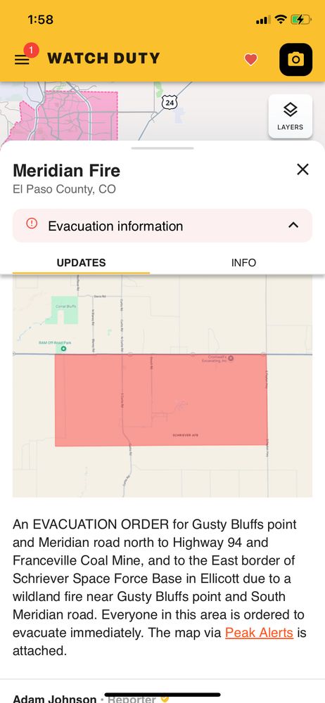 Evacuation order due to Meridian Fire for eastern El Paso County, CO, including Schriever AFB