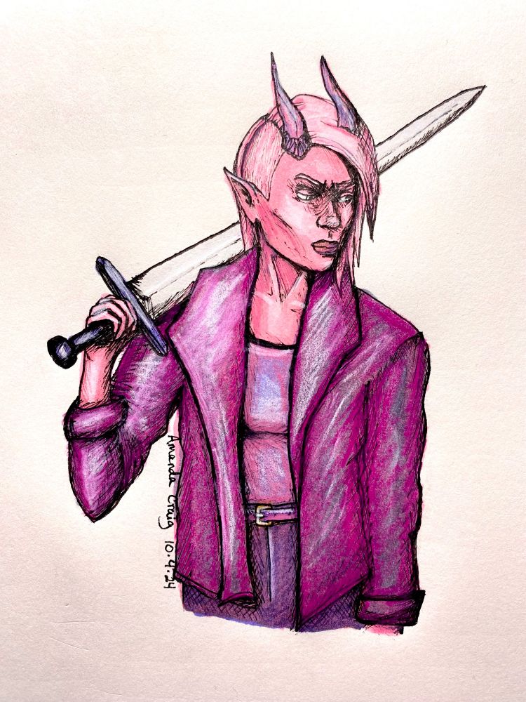 Ink and colored pencil drawing of a pink tiefling woman holding a sword and wearing pink and purple outfit.