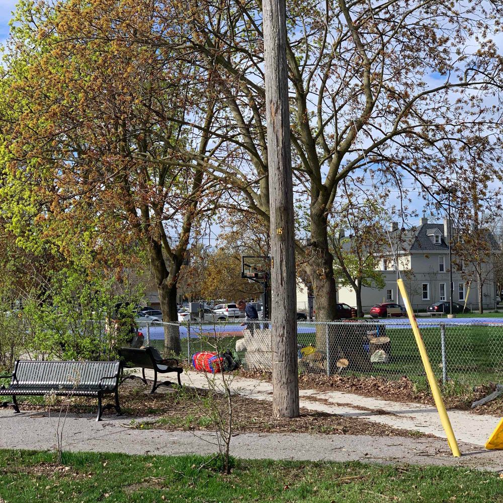 Photograph from Bethune St looking southwest toward basketball courts in Bethune and Simcoe park. Utility pole has no signage where a legacy Parking sign was a few days before. Bethune St was redesign as a bicycle priority street with narrow lanes and no on-street parking. 