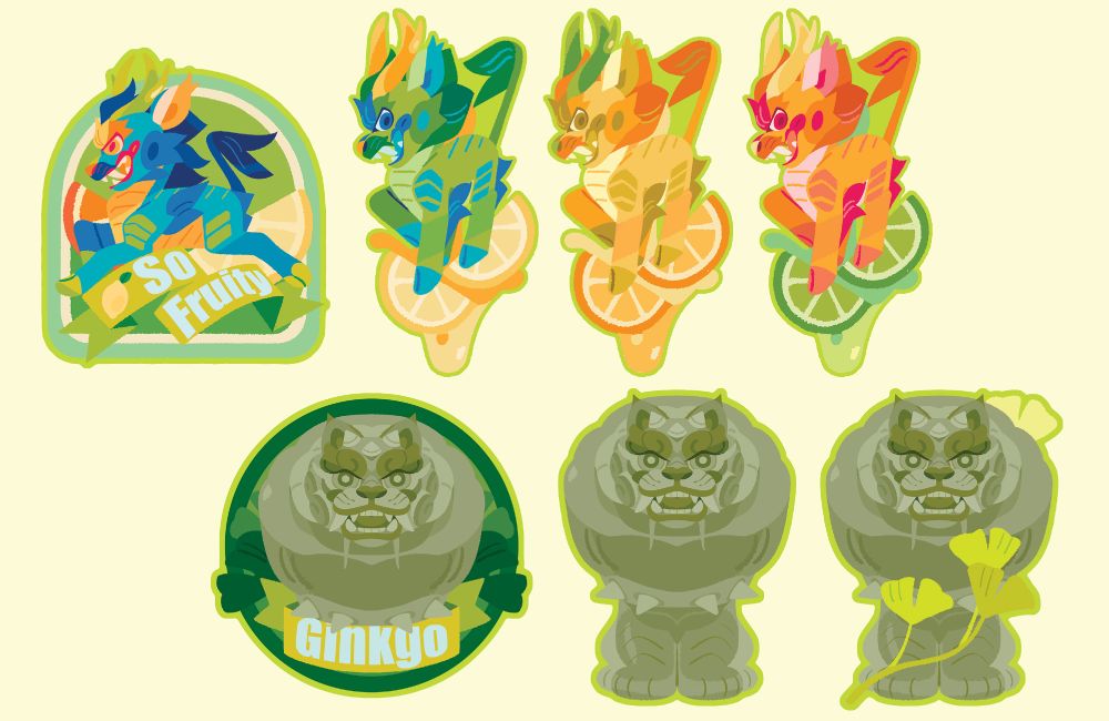 The top row features leaping Qilin among slices of citrus fruit. Bottom row is made up of three shisa designs decorated with green ginkgo leaves.