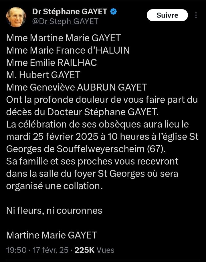 Avis de décès de Stéphane Gayet, publié sur X par sa famille.