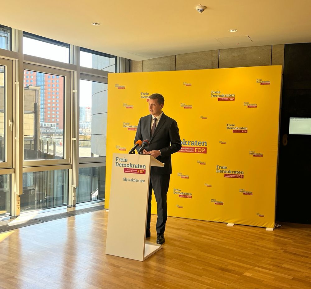FDP Fraktionschef Henning Höne vorm Fraktionssaal im Landtag an einem Rednerpult