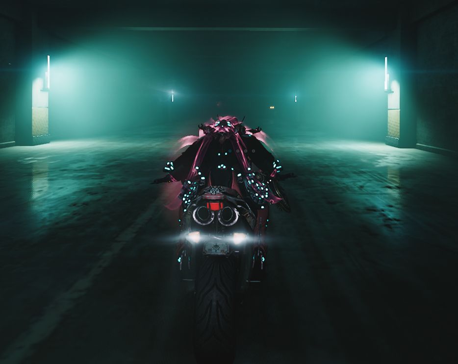 Mesa from Warframe riding an atomocycle