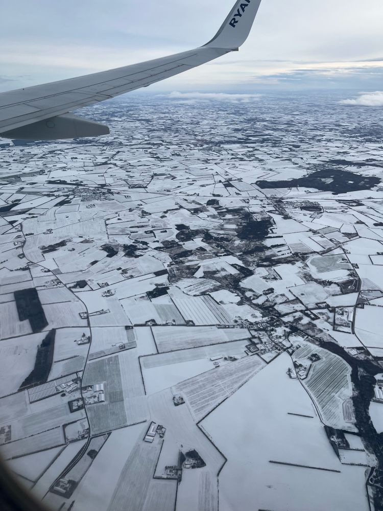 An image of snowy Denmark from the air as our plane approaches the airport 
