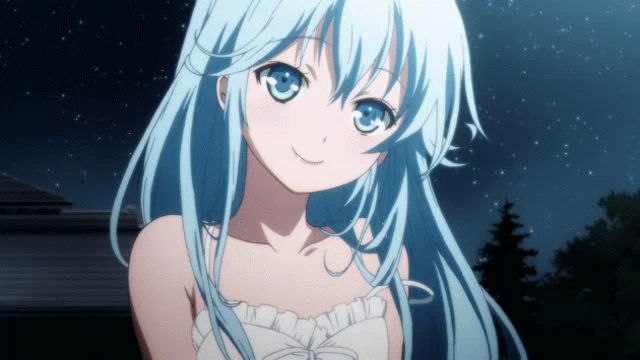 a girl with blue hair is smiling in front of a starry sky