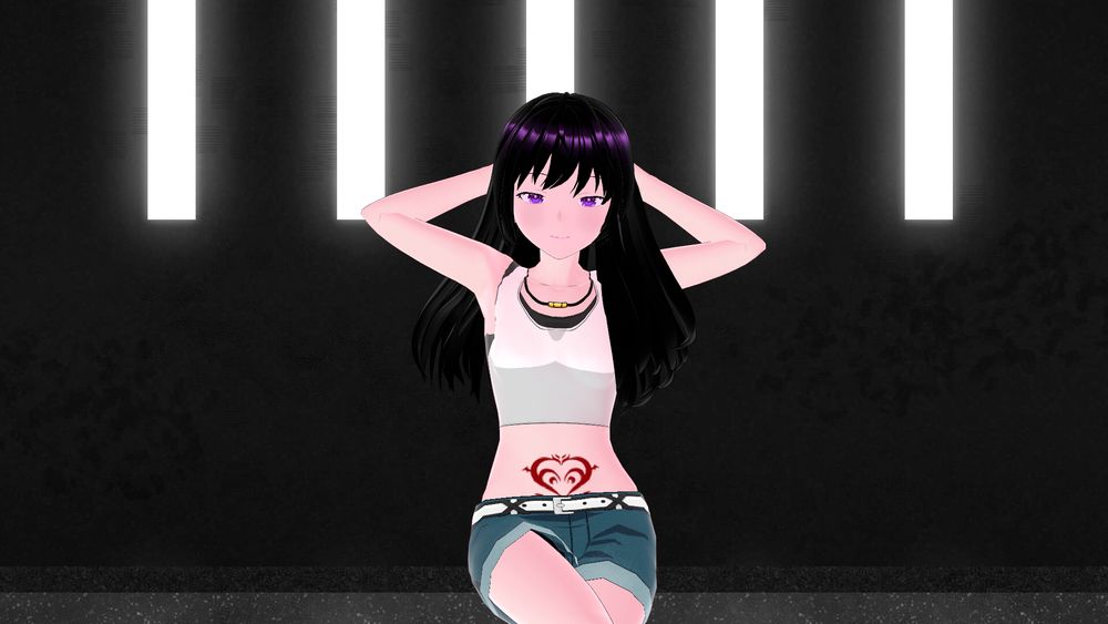 A close up selfie of me sitting casually with my hands behind my head, while looking at you with a causal smile. I have white skin, long black hair with purple highlights, gemlike purple eyes, a sporty white top with a black undershirt beneath it, a mostly black necklace with with a gold part at my collarbone, a red heart shaped womb tattoo, and jean shorts with a white belt. I'm in front of a "prison like" black colored background, with rectangular windows of light on it's wall, and a grey line at the bottom of it.