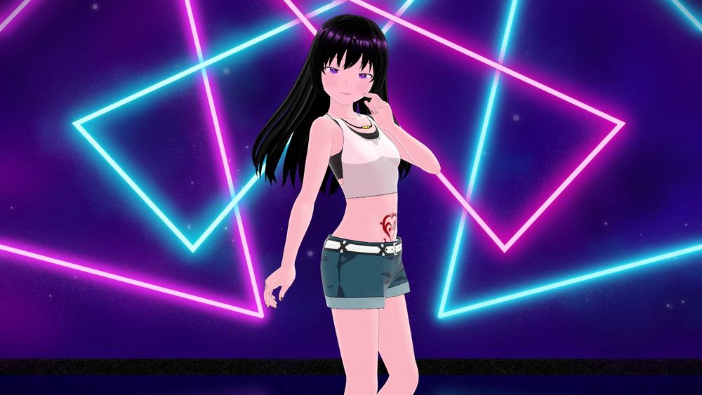 A selfie of me standing cutely, with my finger slightly touching my cheek, as I smile shyly. I have white skin, long black hair with purple highlights, gemlike purple eyes, a sporty white top with a black undershirt beneath it, a mostly black necklace with with a gold part at my collarbone, a red heart shaped womb tattoo, and jean shorts with a white belt. I'm standing in front of a foggy purple background that has colored dots on it, blue and pink neon lights running across it, and a black line running across the bottom.